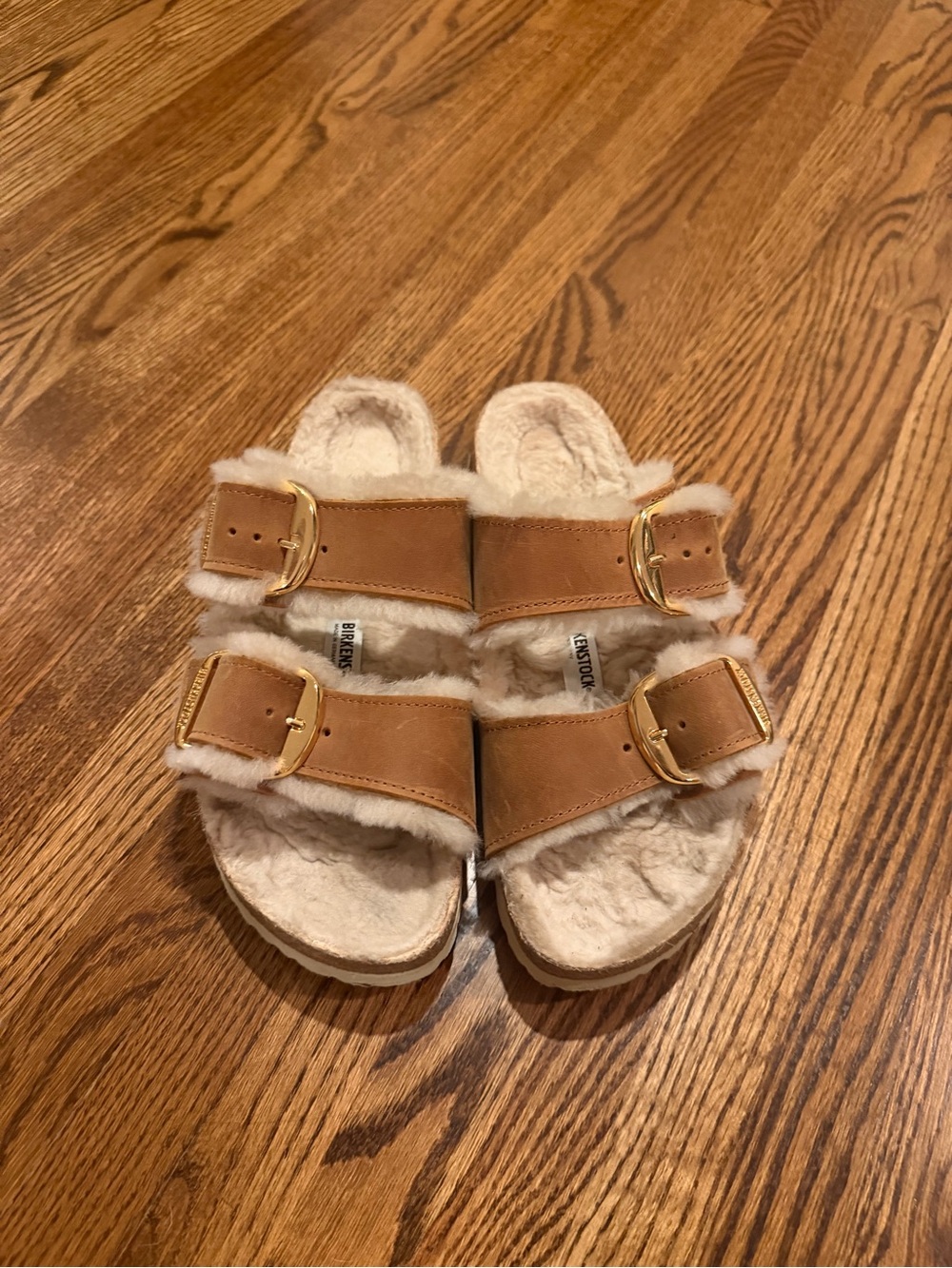 Birkenstock Shearling Double-Buckle Sandals in Tan and Cream